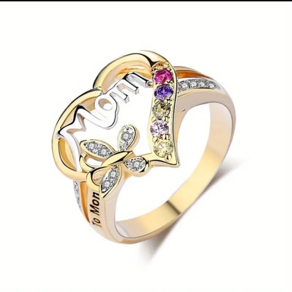 Gold Heart Mom Ring with Multicolor Stones